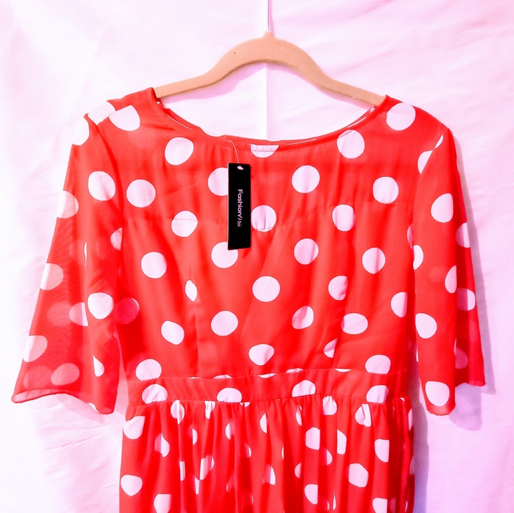 Ladies Empire Red Polkadot Maxi Dress